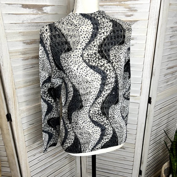 ALBERTO MAKALI Women's Crinkle Sequin Leopard Animal Print Top Blous Black White - Picture 3 of 15